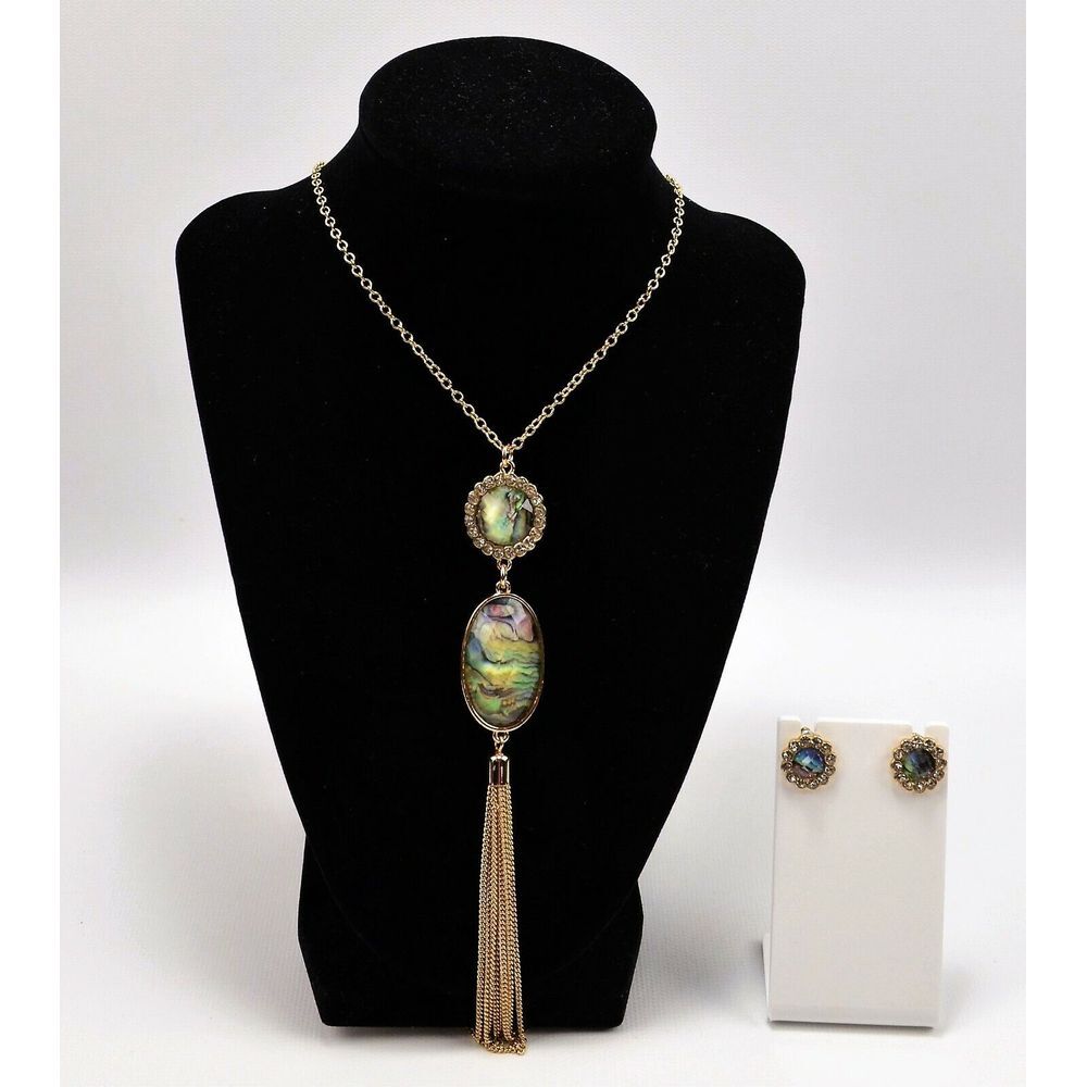NTW‎ Necklace & Earrings Abalone Shell Metal Gold Tone Clear Rhinestones